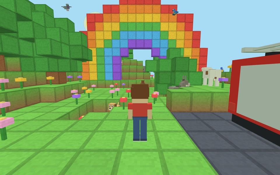 A player in front of a rainbow arch built of colorful blocks, with flowers all round