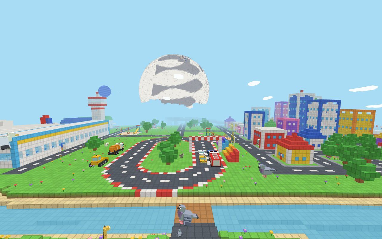 Flying over the island: a race track, cars, a colorful town and the airport, with a planet in the sky